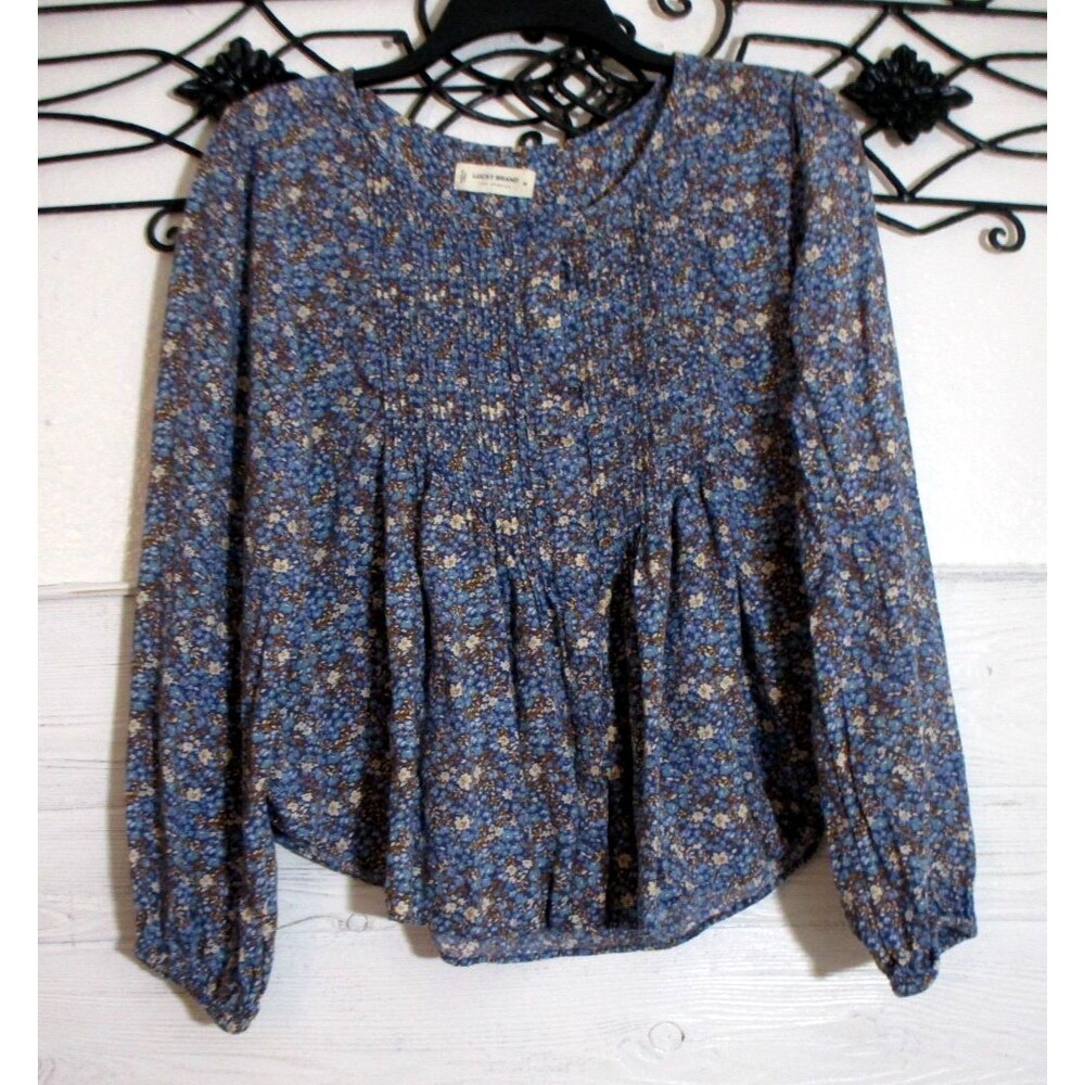 Lucky Brand Pullover Top Women's Size M Blue Floral Long Sleeve